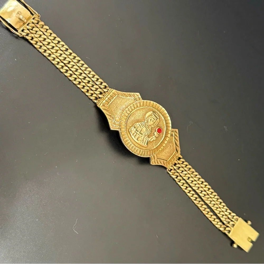 Vintage Saint Barbara Medallion Gold Triple Cuban Link Chain Religious Bracelet - Picture 9 of 16